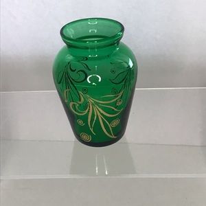 Vintage Anchor Hocking Small Emerald Green With Floral Gold Design Vase